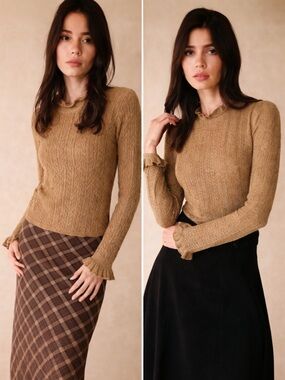 Doen Marcella Cable-Knit Alpaca Blend High Ruffle Neck Sweater in Cork Tan
